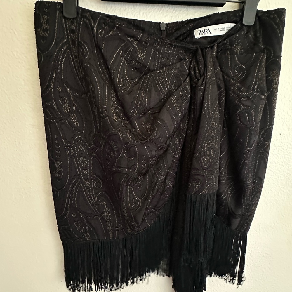 Zara Black Metallic and Fringe Skirt
